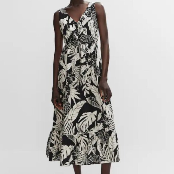 Mango Black & Cream Floral Printed Midi Dress - Picture 2 of 6
